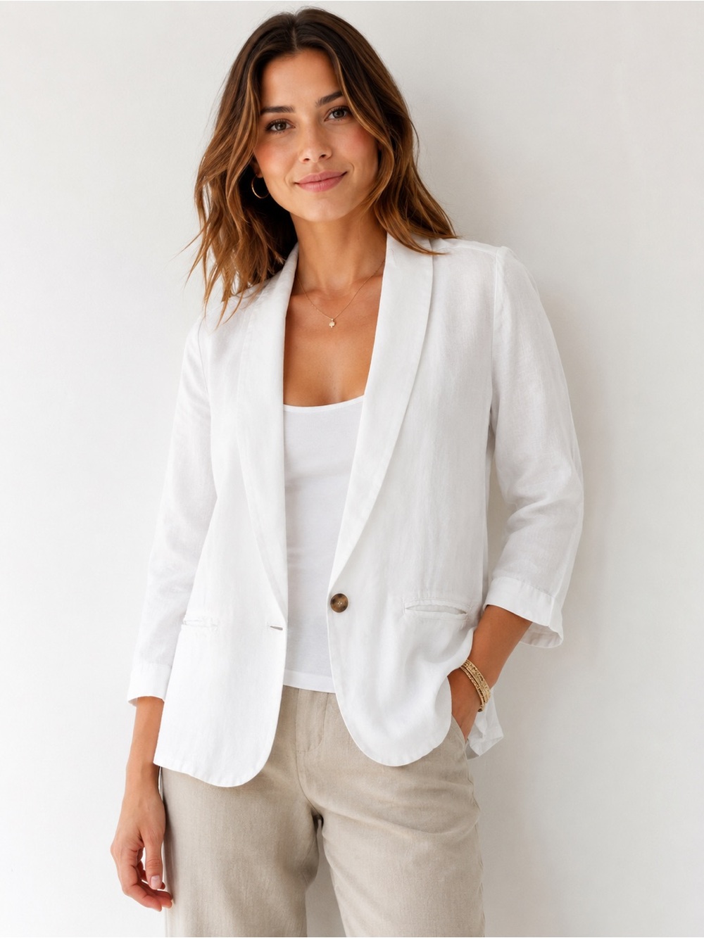 Three Dots 100% linen White Single-Button Shawl Collar Blazer XL